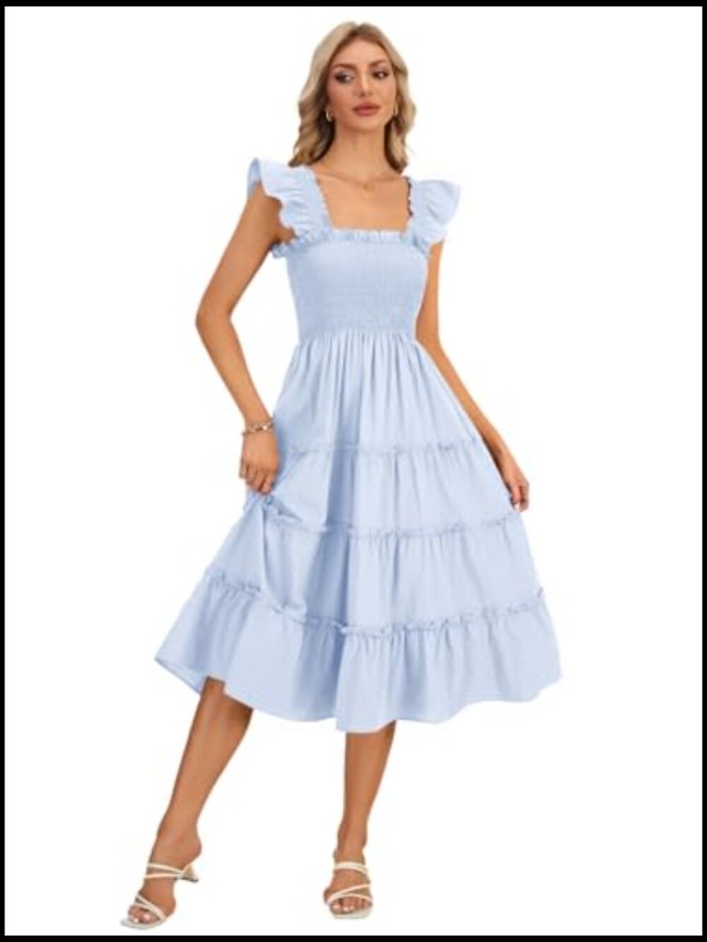 Sleeveless Smocked Square Neck A-Line Midi Sundress with Ruffle Straps - Picture 6 of 6